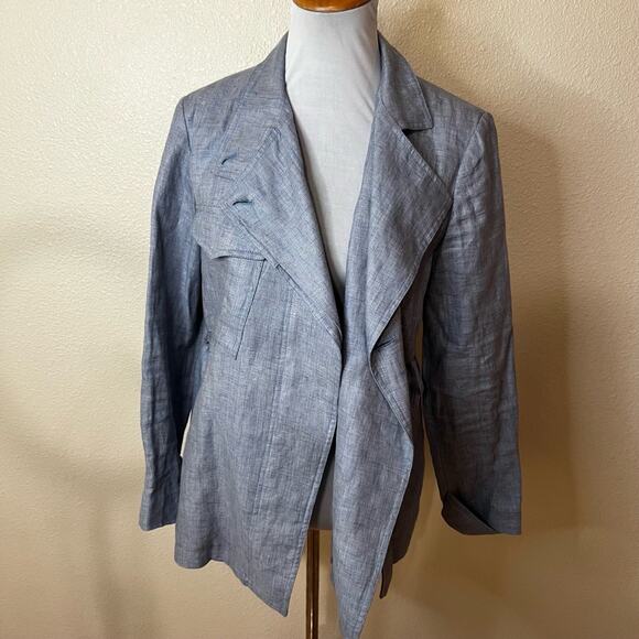 Reiss Arta Light Blue Chambray 100% Linen Draped Belted Jacket Womens 4 - Picture 3 of 9